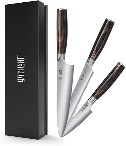 Yatoshi - Juego de cuchillos de cocina, 3 piezas, acero inoxidable de alto carbono ultra afilado, espiga completa