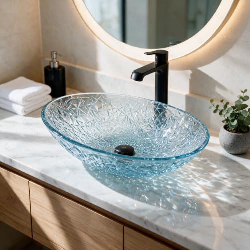 Image of B Backline Glass Basin For Bathroom | 100% Pure Glass Basin | Premium Tabletop Countertop Wash Basin For Bathroom | 7-Year Warranty (Blue Water)(20 x 14 x 6 Inch)