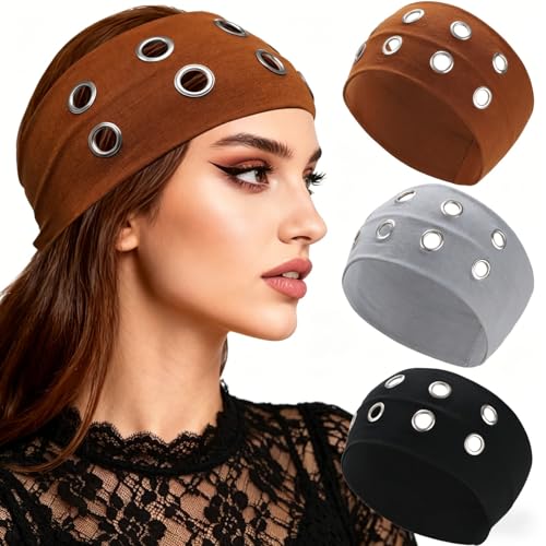 CHLINS 3 Pcs Punk Hollowed Out Eyelets Grunge Wide Headbands for Women Stretchy Metal Rock for Sports Casual Hair Bands Y2K Daily Hair Accessories