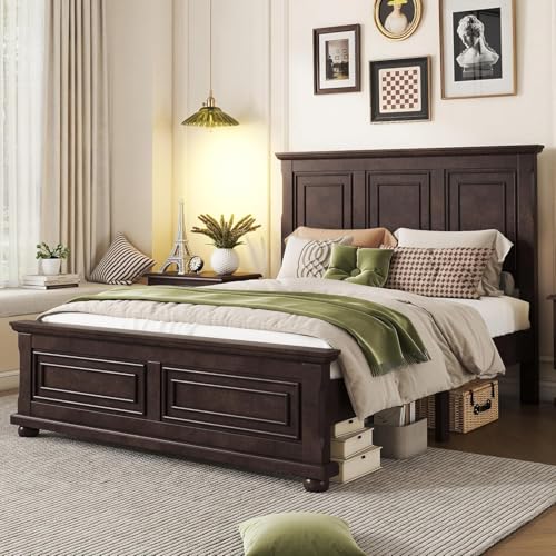 Wood Queen Bed Frame with Tall Headboard and Footboard, Rustic Queen Panel Bed with Under Bed Storage, Farmhouse Style, Noise-Free, No Box Spring Needed, Antique Brown
