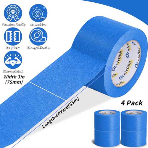 Image of 4 Rolls Blue Painters Tape Bulk 3 inch x 60 Yards, Total 240 Yd, Painters Masking Tape No Residue Wall Painting Tape Artist Tape Trim Edge Finishing Tape for Wall Painting Decoration DIY Supplies