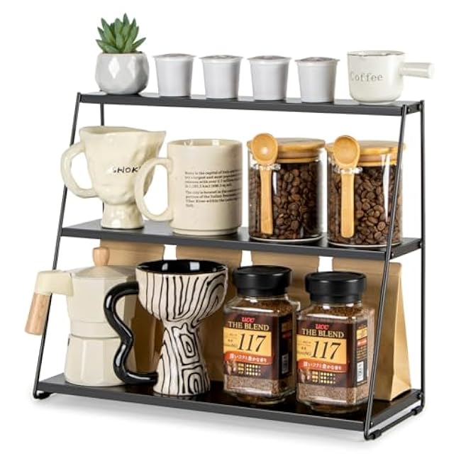 PUERSI Coffee Mug Holder, Metal Mug Display Rack for Countertop, 3 Tier Mug Shelf, Coffee Station Accessories Organizer for Kitchen, Office, Home - Black