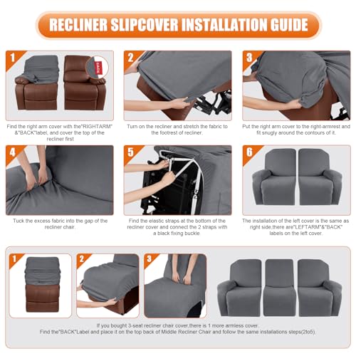 Image of VANSOFY Recliner Cover, 3-Pieces Stretch Reclining Couch Covers with Pockets Reclining Sofa Slipcovers 3 Seater Soft Washable Furniture Protector for Dogs Cats(Dark Gray)