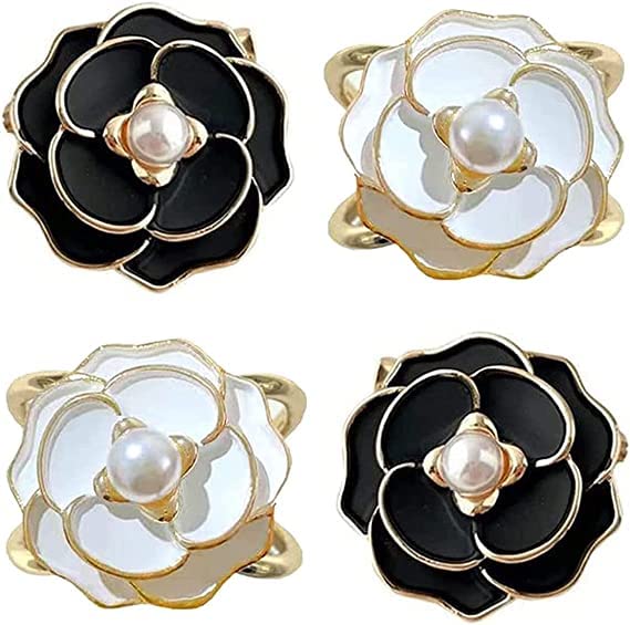 Camellia Scarf Buckle,Women's Elegant Pearl Floral Scarf Ring Clip,Pearl Channel Style Silk Scarves Buckle Ring,French Retro Camellia Flower Scarf Ring (4 pcs)