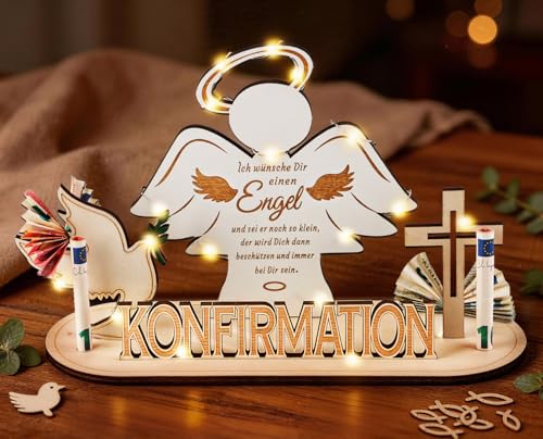 Giftota Geldgeschenk Konfirmation Holz mit LED Lichterkette Kreative Konfirmation Geschenke für Mädchen Jungen Schutzengel Deko Geschenk