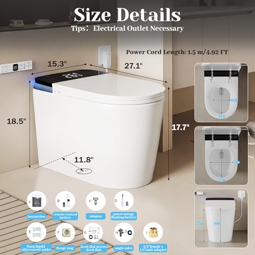 Image of Luxury Smart Toilet with Bidet, Elongated One Piece Toilet with Heated Seat, Dryer, Auto Flush /Lid&Seat, Child Mode, Electric Tankless Toilets for Bathroom with Siphon Flush 1.28 GPF, MAP 1000g