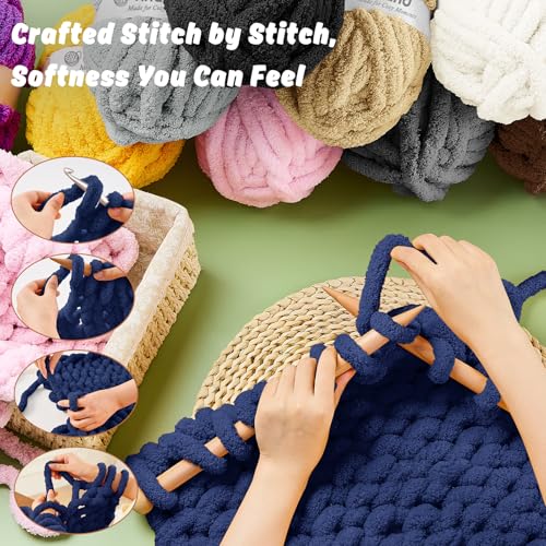 Image of Inhand Chunky Chenille Yarn for Hand Knitting,Thick Bulky Blanket Yarn for Crocheting,Soft Fluffy Yarn for Crochet Birthday Gifts for Men /Women /Beginners,12 Pack (29.5Yds /8.4oz Each),Deep Navy