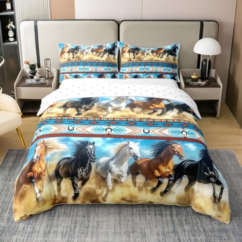 Homemissing Juego de ropa de cama con diseño de caballo, tamaño doble, funda de edredón para niños y niñas, estilo azteca del suroeste, bohemio, rústico, salvaje occidental, granja, 100 % algodón