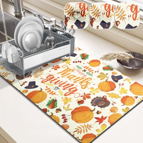 Findosom AUTUMN HARVEST Fall Dish Drying Mat For Kitchen, 12 Inchx20 Inch Absorbent Hide Stain & Cuttable Pumpkin Dish Mat cover