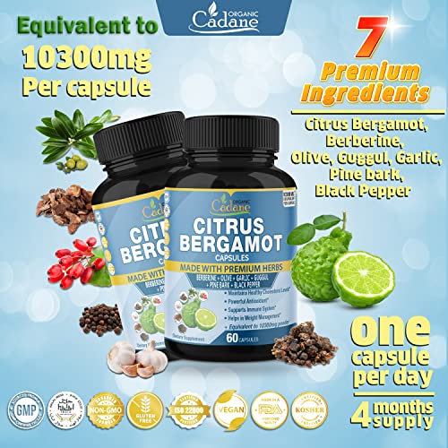 Organic Cadane 2 Packs Citrus Bergamot Extract Capsules 10300Mg With Berberine, Olive, Guggul, Garlic, Pine Bark, Black Pepper | Support Overall Health, Promotes Immune System| 4 Months Supply #TOP6
