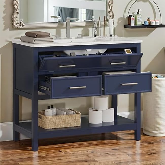 DlandHome 36 Bathroom Vanity with Ceramic Sink, Soft-Close Drawers & Tip-Out Tray, Modern Freestanding Vanity with 2 Full-Extension Drawers, Open Shelf, Silver Pulls for Bathroom