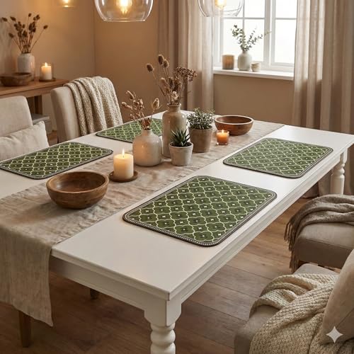 Image of YELONA Leather Dining Table Placemats Set of 4 - Waterproof, Heat Resistant, Anti-Slip, Easy to Clean Table Mats for Dining Table, Kitchen & Home Decor (Seaweed Green, 40 x 30 cm)