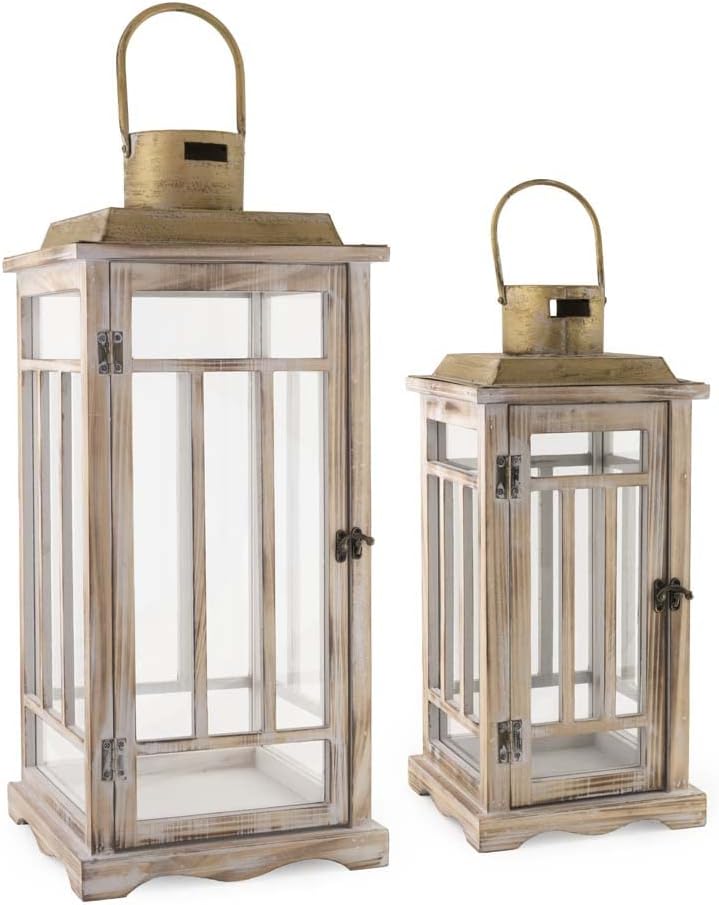 Boston International Wood, Metal, & Glass Lantern/Candle Holder, Set of 2, White Fleur De Lis