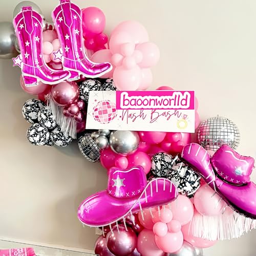 Image of 4Pcs Pink Cowgirl Boot+Hat Foil Balloon /First Rodeo Birthday Decorations Girl /Western Cow Party Decorations /Boots on the Ground Decor /Last Rodeo Party /Disco Girly Pink Western Cowgirl Party
