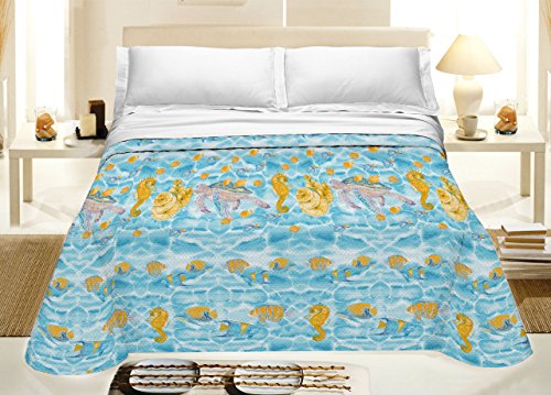 CapitanCasa Colcha de piqué ligera para verano, 100% algodón, fabricada en Italia, fantasía Sea Life para cama de matrimonio, azul