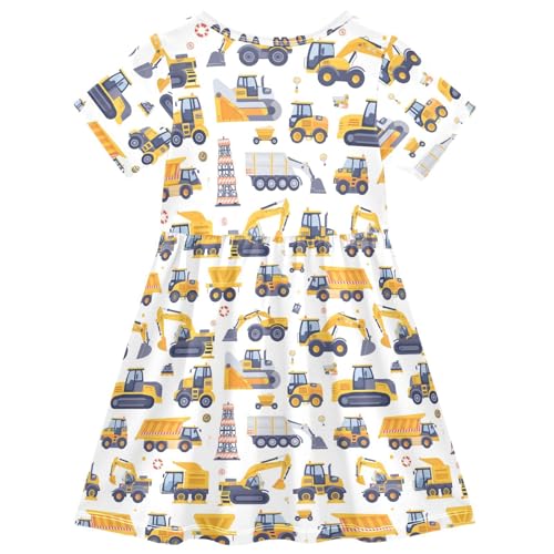 ALAZA Girls Summer Dress Short Sleeve Cartoon Cars Excavator Casual Girls Dresses for Kids 2-8 Years2