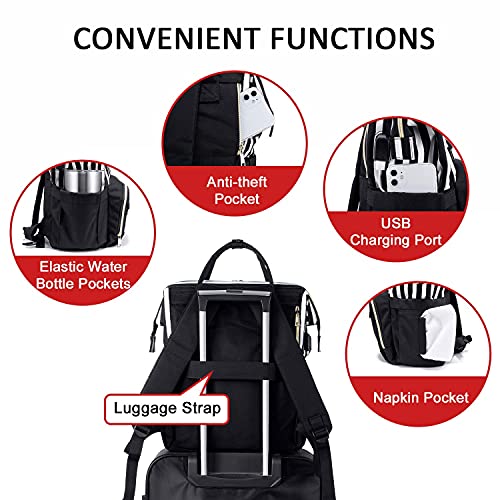 Laptop-Backpack-Women-Teacher-Backpack-Nurse-Bags-156-Inch-Womens-Work-Backpack-Purse-Waterproof-Anti-theft-Travel-Back-Pack-with-USB-Charging-Port-Black-Thick-Stripe