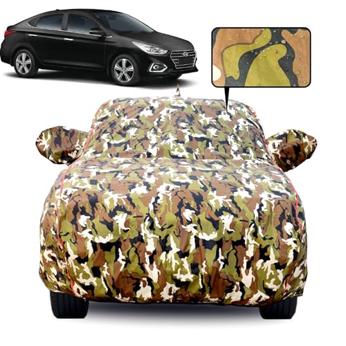 Image of Waterproof Car Body Cover for Hyundai Fluidic Verna (2011-2016) with Mirror Pocket, Soft Cotton Lining, Triple Stitched, Full Bottom Elastic (Heat Resistant Jungle Print with Red Piping)
