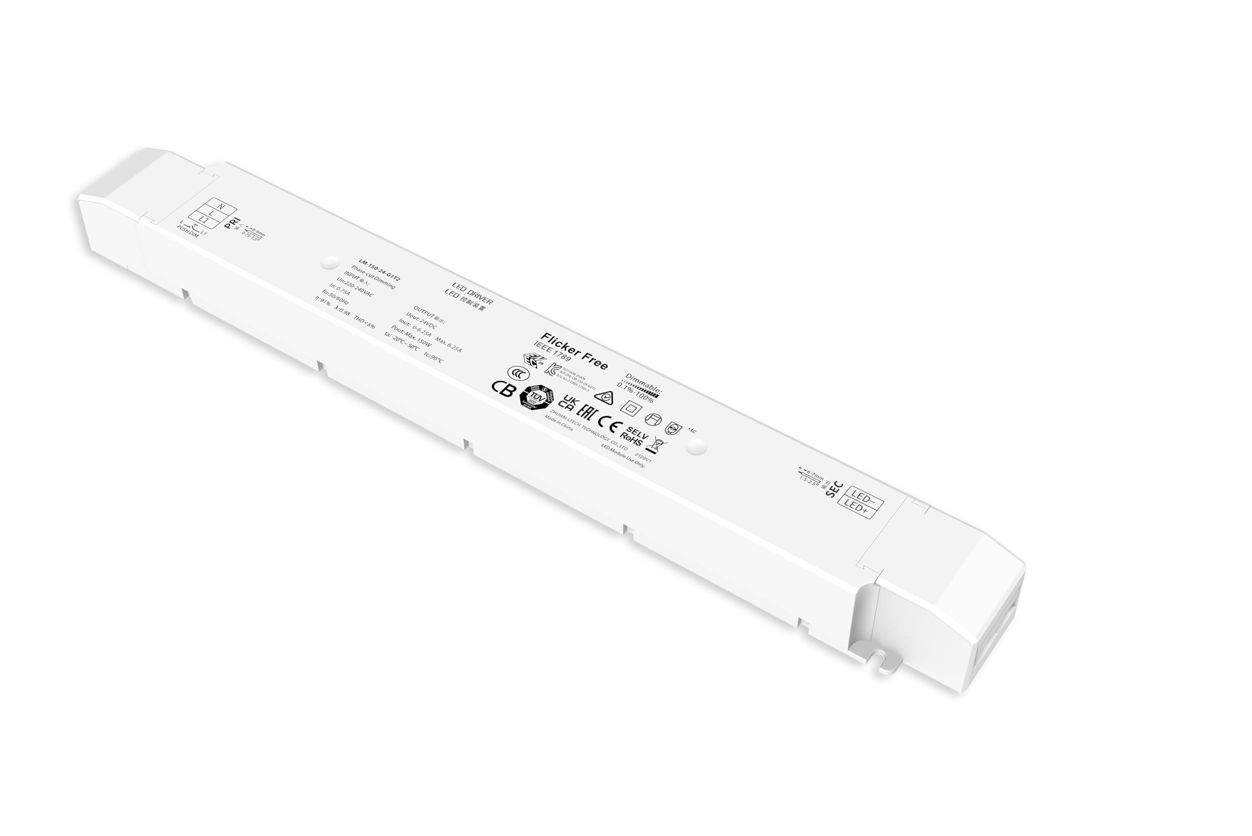 LIGHTEU®, LTECH 150 W 24 V CC 6,25 A TRIAC LED Transformateur de commande à gradation, 3V en 1 support Triac ELV et alimentation dimmable push DIM
