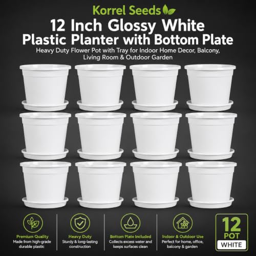 Image of 12 Inch Glossy White Plastic Planter with Bottom Plate | Heavy Duty Flower Pot with Tray for Indoor Home Decor, Balcony, Living Room & Outdoor Garden (12 Pot, White)