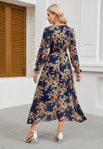 Women's 2025 Floral Summer Maxi Dress, Spring Long Sleeve V-Neck Empire Waist Dress, Flowy Wedding Guest Dresses3