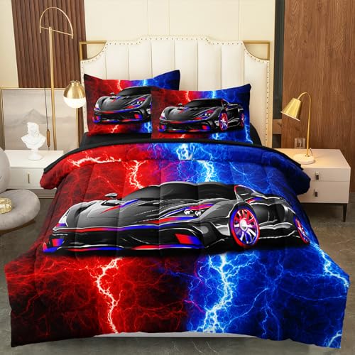 Juego de ropa de cama de 5 piezas con edredón individual estampado de rayos en rojo 5