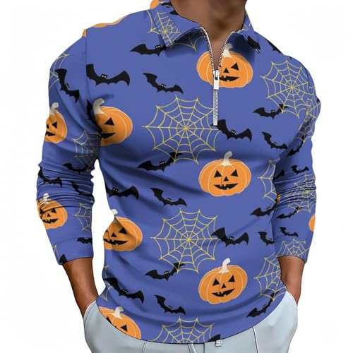 Polo zippé Halloween manches longues homme imprimé lanterne et araignée