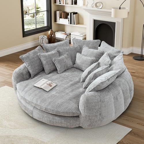 Image of 81 inch Round Sofa Bed Big Bean Bag Round Chaise Lounge Oversized Round Couch Boneless Reading Chair Plush Fluffy Chenille Large Chaise Chair for Living Room, Bedroom, Apartment, Light Gray