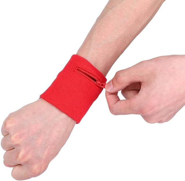 Zipper Wrist Pouch, Sports Gym Basketball Wristbands Running Sweatbands Wrist Wrap Wallet with Zipper Pocket for Keys, ID, Cards, Cash(Red)