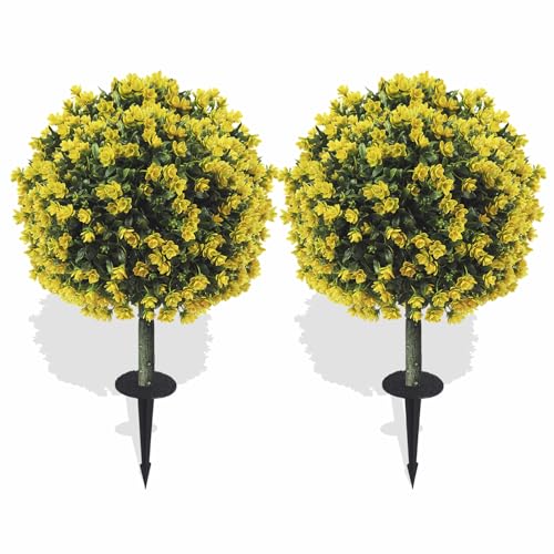 Set of 2 Artificial Boxwood Topiary Ball Trees with Yellow Flowers for Outdoor with Ground Spike 29.5", UV Resistant Faux Greenery Shrubs, Fake Plants for Garden, Porch, Patio Valentine's Day Decor