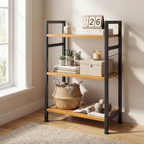 Image of DUMOS 3 Tiers Open Bookshelf, Classic Freestanding Tall Display Shelf, Multifunctional Storage Organizer Rack for Living Room Home Office, Sturdy Bookcase for CDs /Books /Movies, Wood