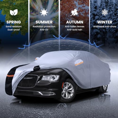 Image of Multi-Layer Car Cover Custom Fit for Chrysler 300(2004-2026), 100% Waterproof All Weather for Automobiles, Gift with Towel, Heavy Duty Car Covers for Rain Sun UV Protection with Door Zipper