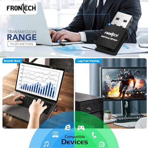 Image of FRONTECH 600 Mbps USB Wi-Fi + Bluetooth Adapter | PC, Laptop | Dual Band (2.4GHz) | BT 4.2 /2.1 | USB 2.0 | Compatible with Windows 7 /8 /10 /11 /XP | WEP,WPA-PSK,WPA2-PSK Security | 10-20M Range (FT-0844)