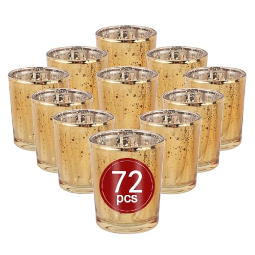 BTGLLAS 72pcs Gold Glass Tea Light Holders - Votive Candle Holders Bulk for Weddings Events - Glass Votives for Wedding Centerpieces Christmas Thanksgiving - Candle Accessories Decor (72 Gold)