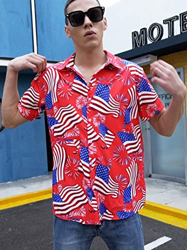 Fanient Men Usa Flag Hawaiian Shirts Summer Casual Hawaiian Button Up Dress Shirt Patriotic Button Down Dress Shirts 3D Novelty Beach Shirt Xl #TOP3