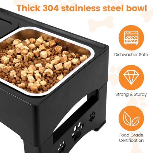 HAPPY HACHI Hundenapf Erhöht,Futterstation Langsamfütterer Wassernapf Ohne Sabbern mit 4 Höhenverstellbar Napfständer,Futterstation für Große Mittlere und Kleine Hunde (Schwarz-Silber)