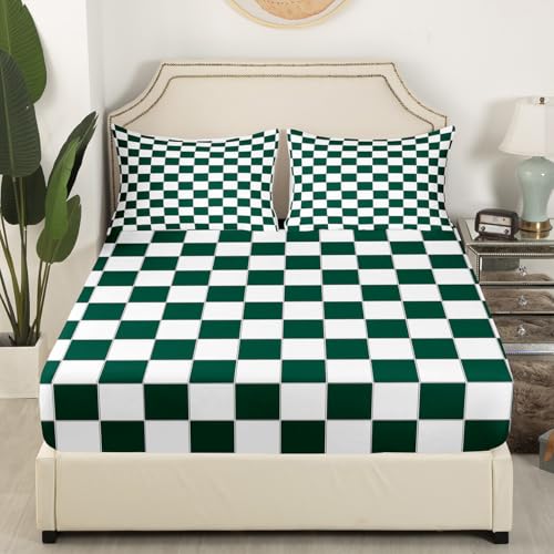 Image of Erosebridal Aesthetic Checkered Bedding Queen White Green Checkerboard Sheet Set,Buffalo Plaid Grid Bed Sheets for Kids Teen Adults Geometric Gingham Bed Sheet Set 4 Piece