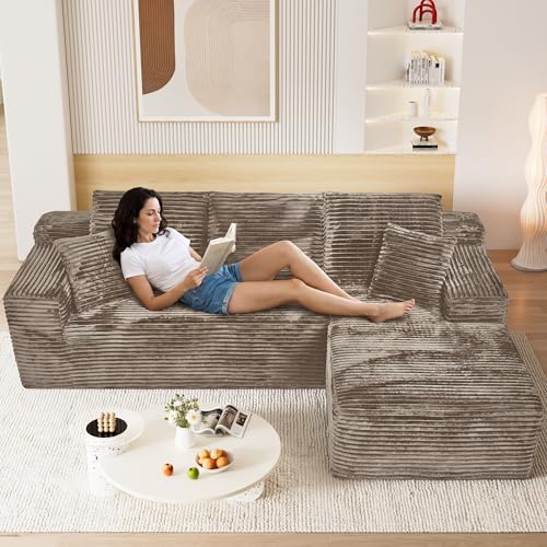 Image of 108 inch Boneless Cloud Sectional Couches for Living Room, Comfy Fluffy Soft L Shaped Deep Seat Memory Foam Boneless Couch, Modular Sectional Sofas with Right Facing Chaise, Brown
