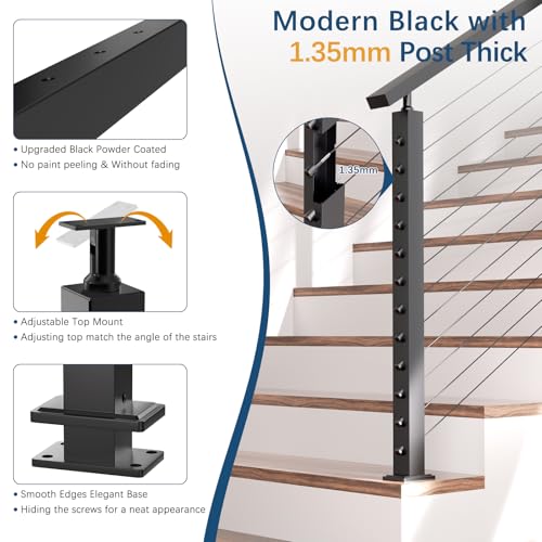 Image of 42 inch Stair Cable Railing Post Fit 28-38 Degree Stairway, Stainless Steel T304 Deck Post for Stair Railing System, Upgraded Black Powder Coated Wire Metal Post for Satir Indoor Outdoor