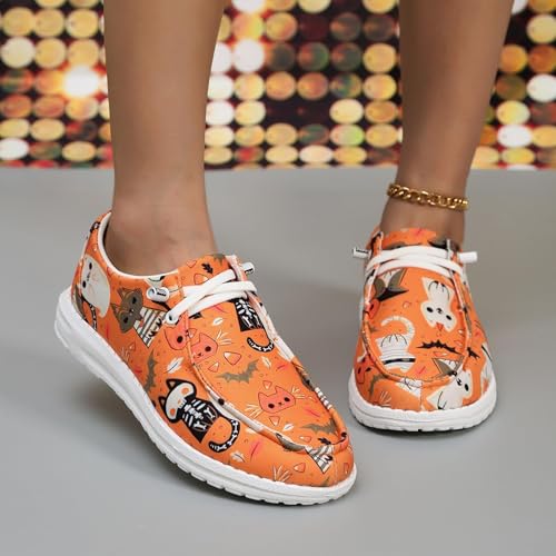 Women's Fashion Halloween Canvas Sneakers,Pumpkin Skeleton Printed Low Top Lace up Walking Shoes Breathable Casual Comfortable Flat Slip-On Shoes Indoor Outdoor2