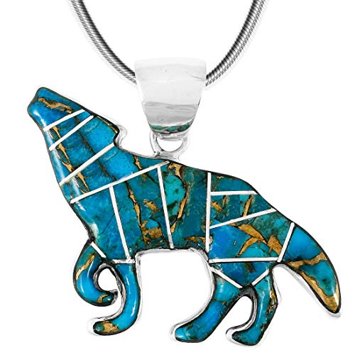 Turquoise Network Coyote Wolf Pendant Necklace Sterling Silver 925 Genuine Gemstones & Gemstones (24