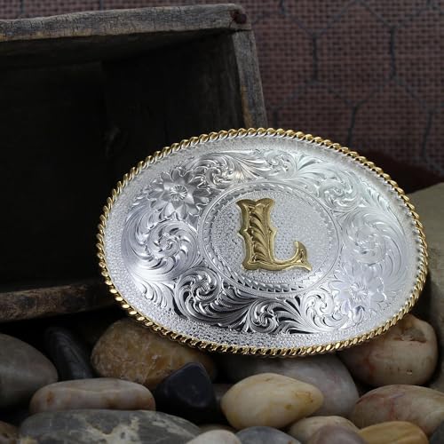 Image of Montana Silversmiths Initial Engraved Gold Trim Western Belt Buckle