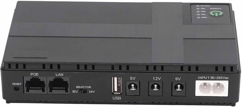 Mini UPS Battery Backup, Uninterruptible Power Supply for Router Modem Security Camera Fax Machine, 5V 9V 12V 2A POE 15V 24V 1A Output, 85 to 265V US Plug
