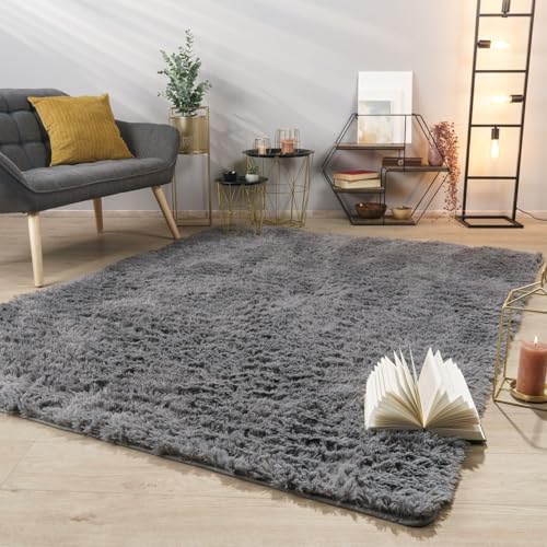 TT Home Teppich Wohnzimmer Hochflor Langflor Weich Soft Modernes Einfarbiges Design, Farbe: Grau,...