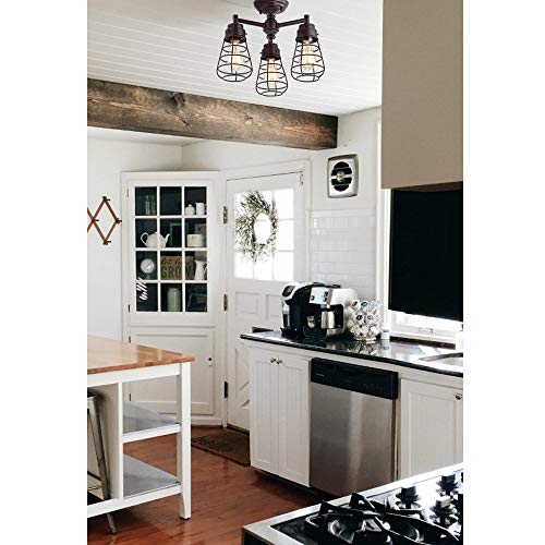 Image of Dazhuan Vintage Metal Cage 3-Light Ceiling Light Chandelier Semi Flush Mount Lamp, Oil Rubbed Bronze