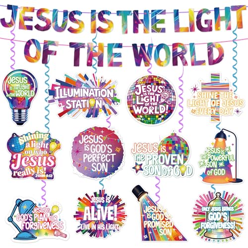 VBS 2026 Decorations Banner Set NO-DIY Jesus is The Light of The World Banner and Christian Hanging Swirls Religious Sunday School Classroom Decor for Vacation Bible School Church Party Supplies