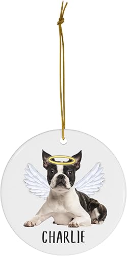 Miniatura 2 de White Brindle - Alas de ángel de bulldog francés, adornos de Navidad personalizados 2023 círculo blanco cerámica cachorro dueño regalos