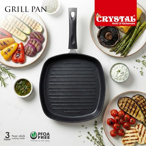 Image of Crystal Aluminium Non Stick Grill Pan 225 mm for Kitchen | PFOA and Chemical Free | Low Oil Cooking | Gas Stove Compatible | 3 Layer Coating