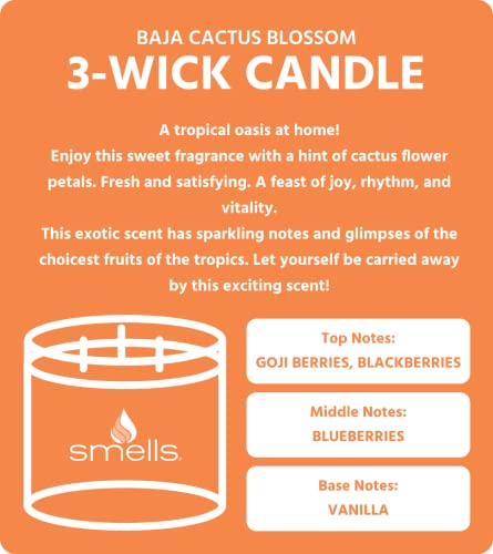 Smells - Premium Soy Wax Round Jar Scented Candle 16Oz. - 100% Cotton 3-Wicks - Fragrance That Eliminates Home And Office Odors: Food, Pets, Smoke And Others (1-Pack, Baja Cactus Blossom) #TOP1