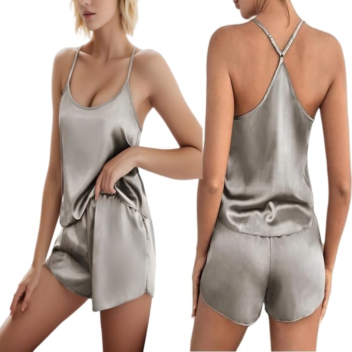 Genérico Camisolas Dormir Mujer con Cuello En V Camiseta Y Pantalones Corto Ropa De Dormir Pijama Saten Conjunto Sexy Pijama Verano Elegante Talla Grande S-XXL